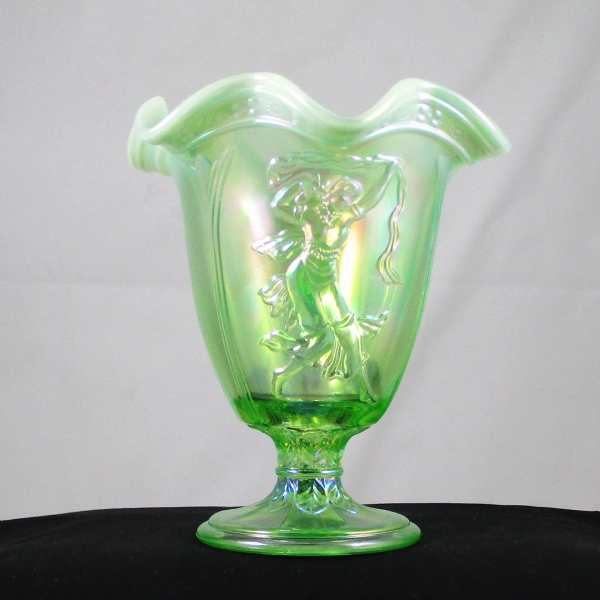 Fenton Lime Green Opal Dancing Ladies Carnival Glass 6-Ruffle Vase