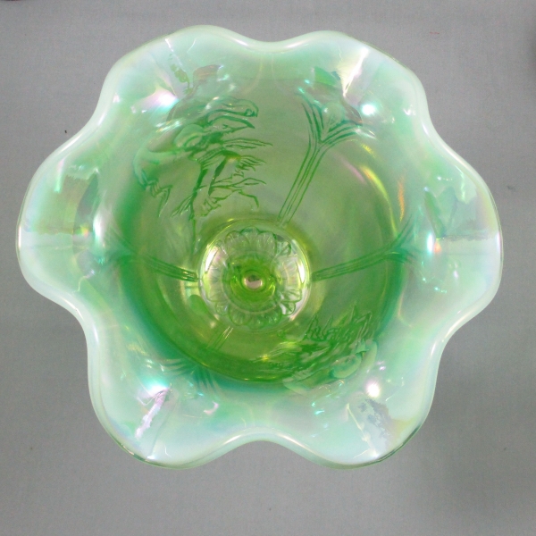 Fenton Lime Green Opal Dancing Ladies Carnival Glass 6-Ruffle Vase