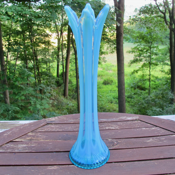 Antique Dugan Blue Opal Thin Rib Opalescent Glass Tall Vase