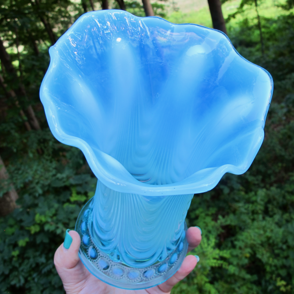 Antique Northwood Jewel & Drapery Blue Opalescent Glass Squat Vase