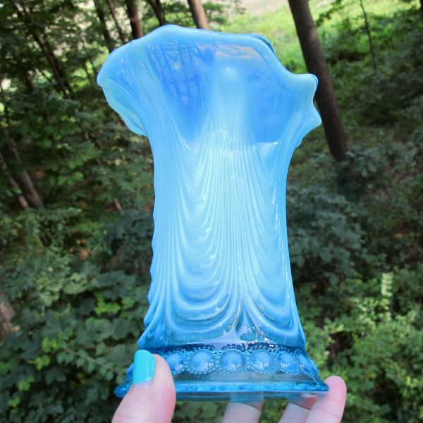 Antique Northwood Jewel & Drapery Blue Opalescent Glass Squat Vase