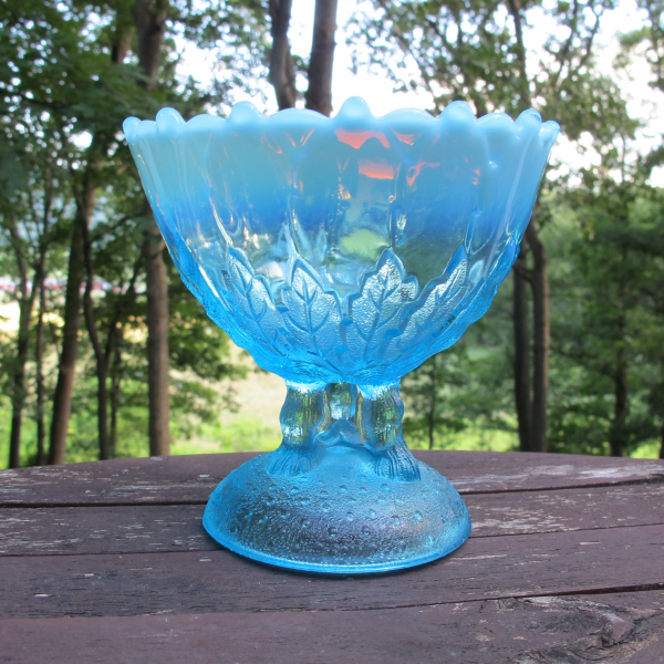 Antique Northwood Hilltop Vines Blue Opalescent Glass Compote