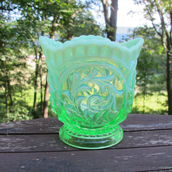 Antique Dugan Circle Scroll Green Opalescent Glass Spooner