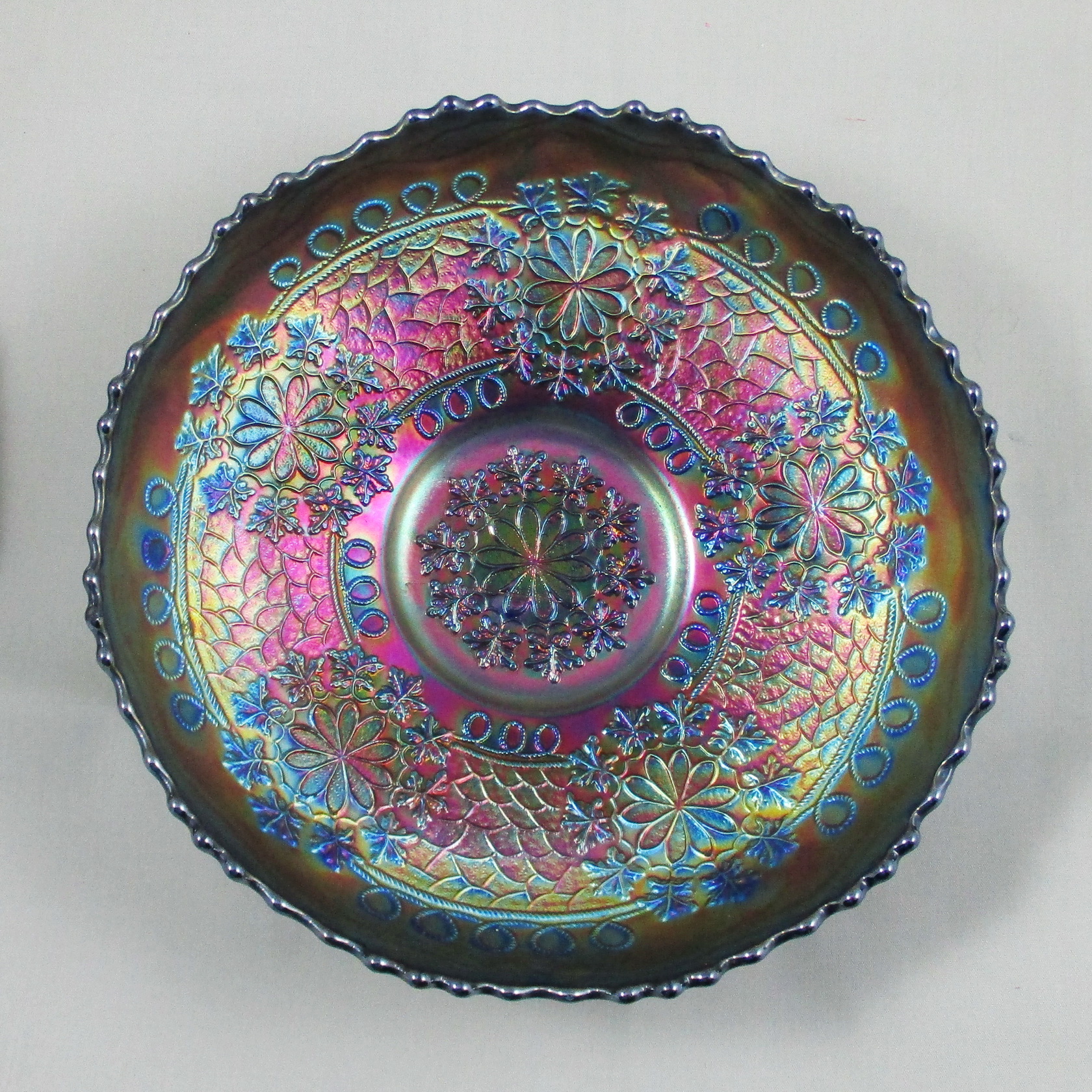 Antique Fenton Cobalt Blue Leaf Chain Carnival Glass Round Ice Cream Bowl LARGE! Antique Fenton Cobalt Blue Leaf Chain Carnival Glass Round Ice Cream Bowl LARGE!