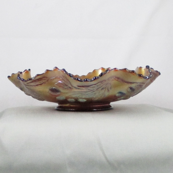 Antique Fenton Amethyst Peacock and Grape Carnival Glass Ruffled Bowl