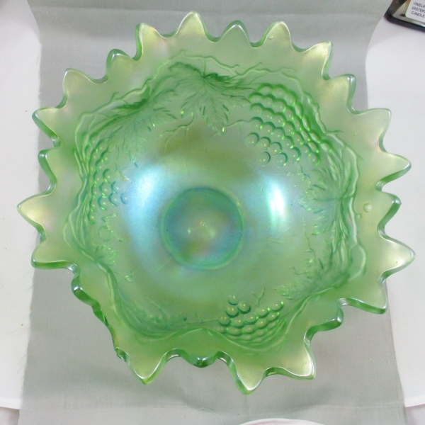 Antique Northwood Dark Ice Lime Green Grape & Cable Carnival Glass Punch Bowl & Base