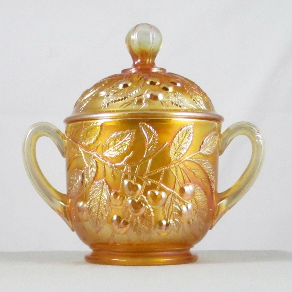 Antique Millersburg Hanging Cherries Marigold Carnival Glass Sugar Bowl with Lid Spooner
