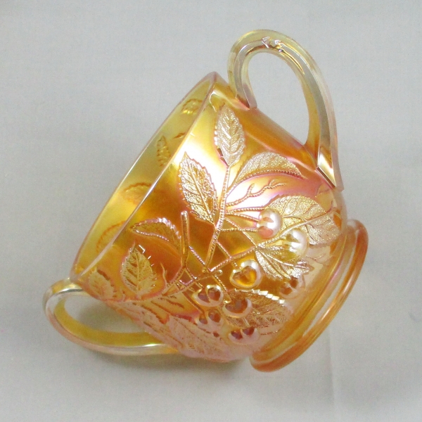 Antique Millersburg Hanging Cherries Marigold Carnival Glass Sugar Bowl with Lid Spooner