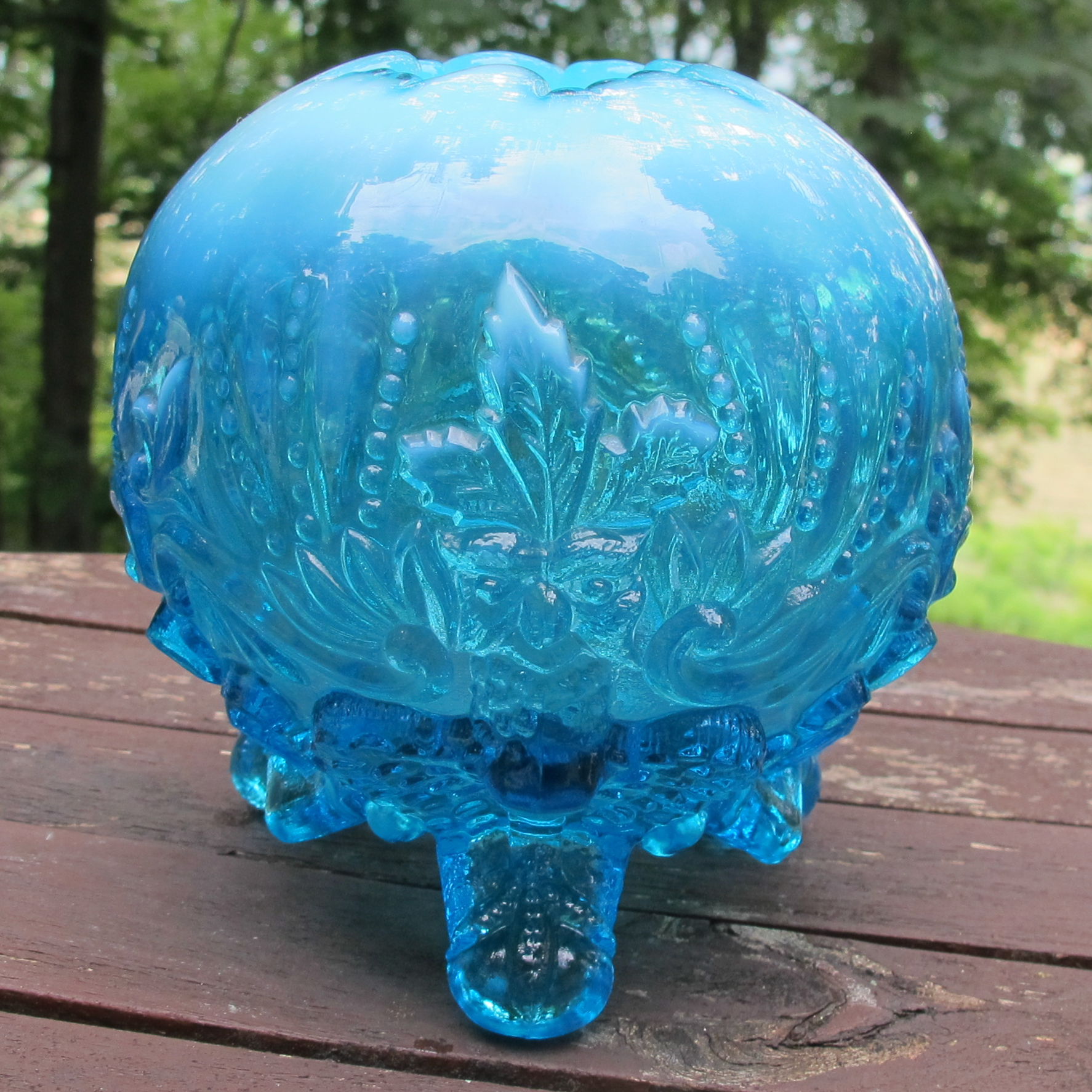Antique English Sowerby Blue Opal Piasa Bird Opalescent Glass Rose Bowl Antique English Sowerby Blue Opal Piasa Bird Opalescent Glass Rose Bowl