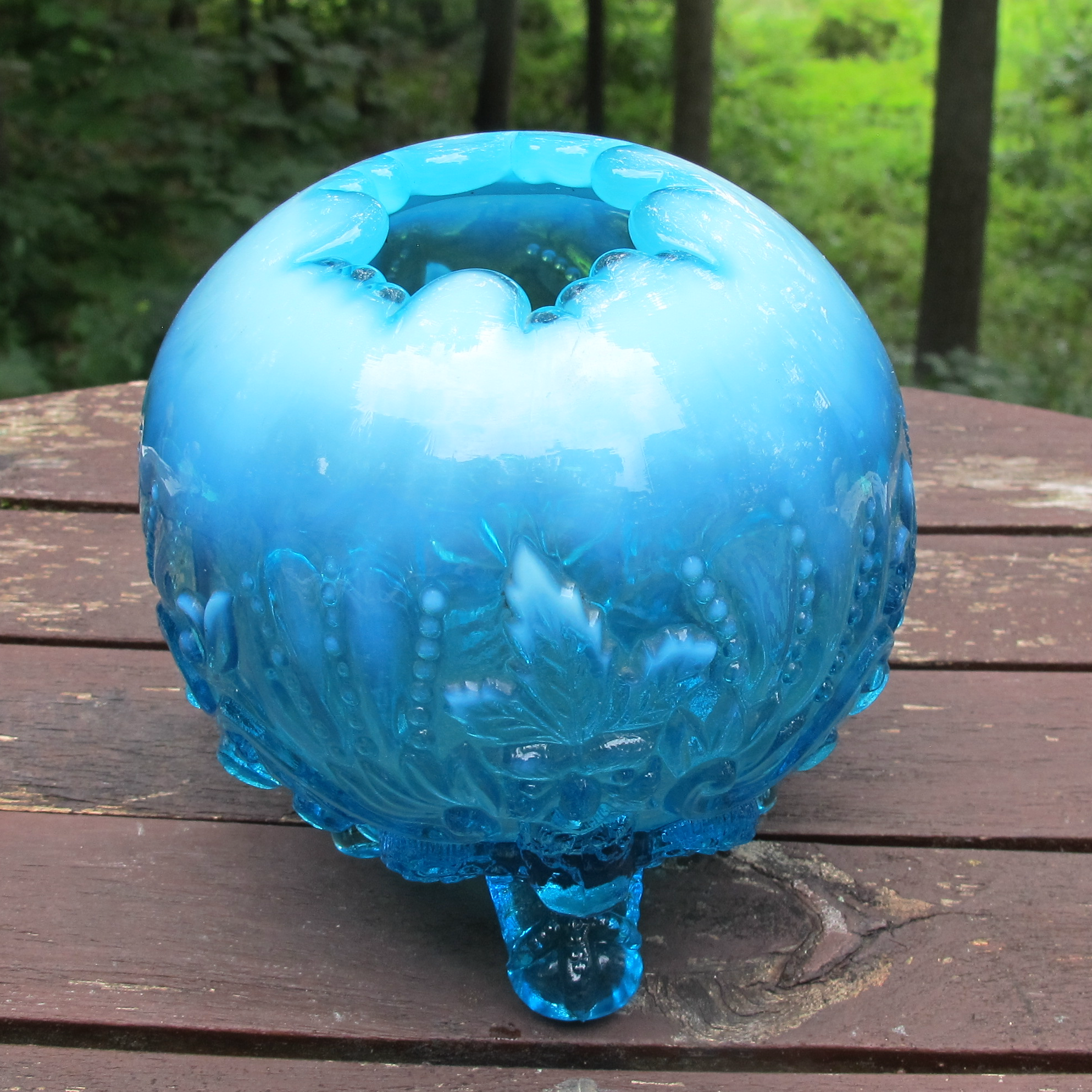 Antique English Sowerby Blue Opal Piasa Bird Opalescent Glass Rose Bowl Antique English Sowerby Blue Opal Piasa Bird Opalescent Glass Rose Bowl