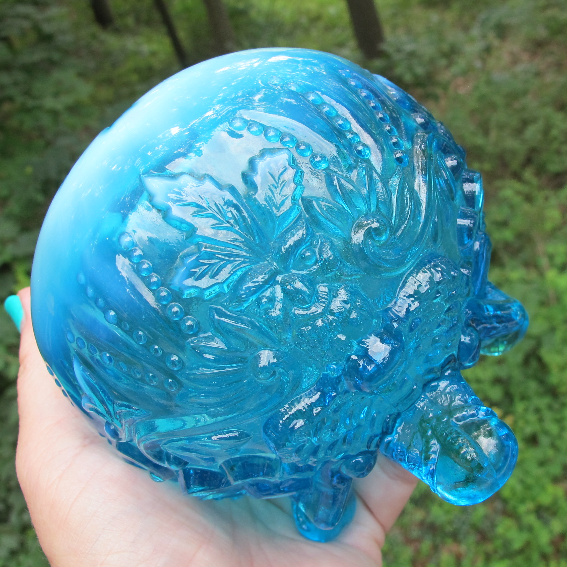 Antique English Sowerby Blue Opal Piasa Bird Opalescent Glass Rose Bowl Antique English Sowerby Blue Opal Piasa Bird Opalescent Glass Rose Bowl