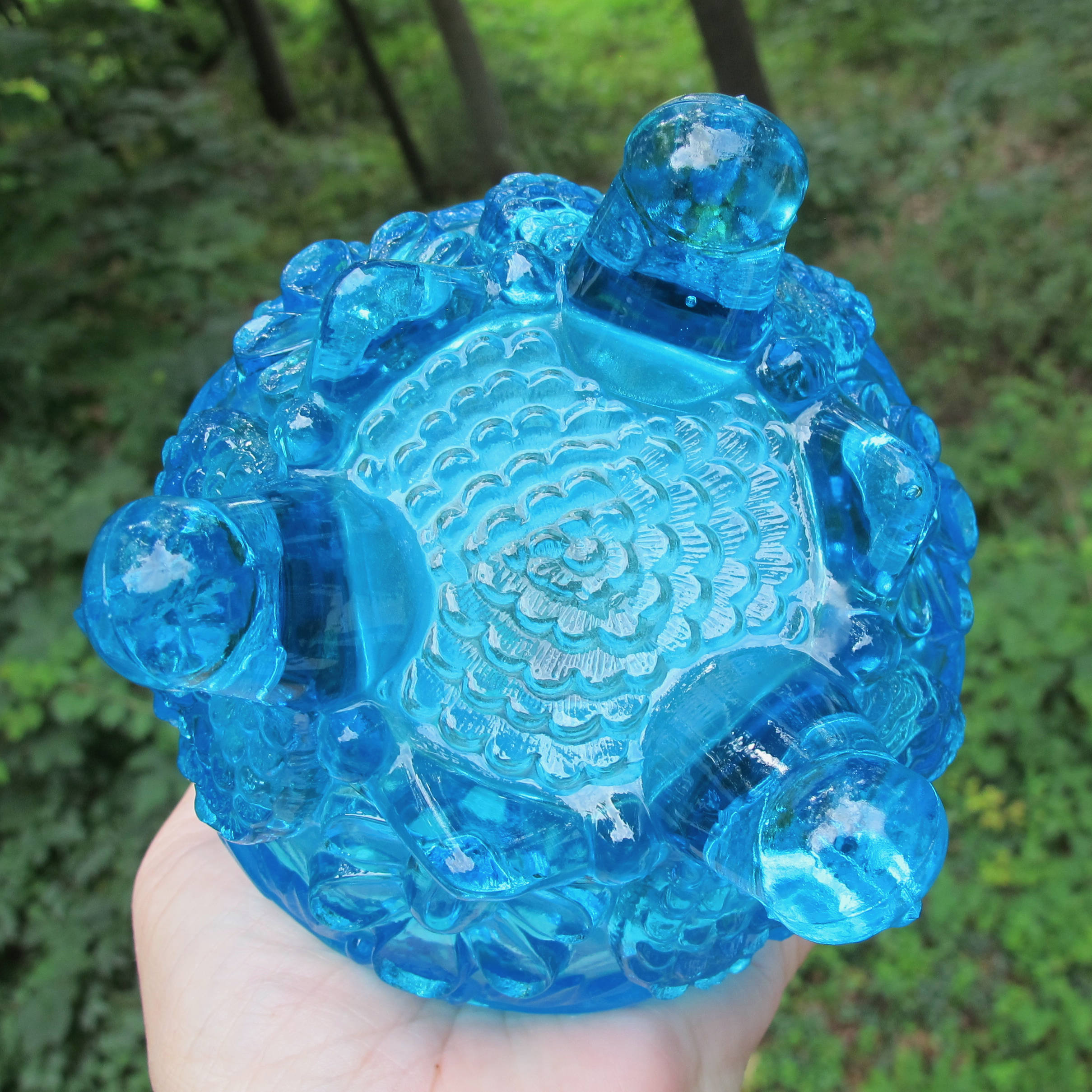 Antique English Sowerby Blue Opal Piasa Bird Opalescent Glass Rose Bowl Antique English Sowerby Blue Opal Piasa Bird Opalescent Glass Rose Bowl