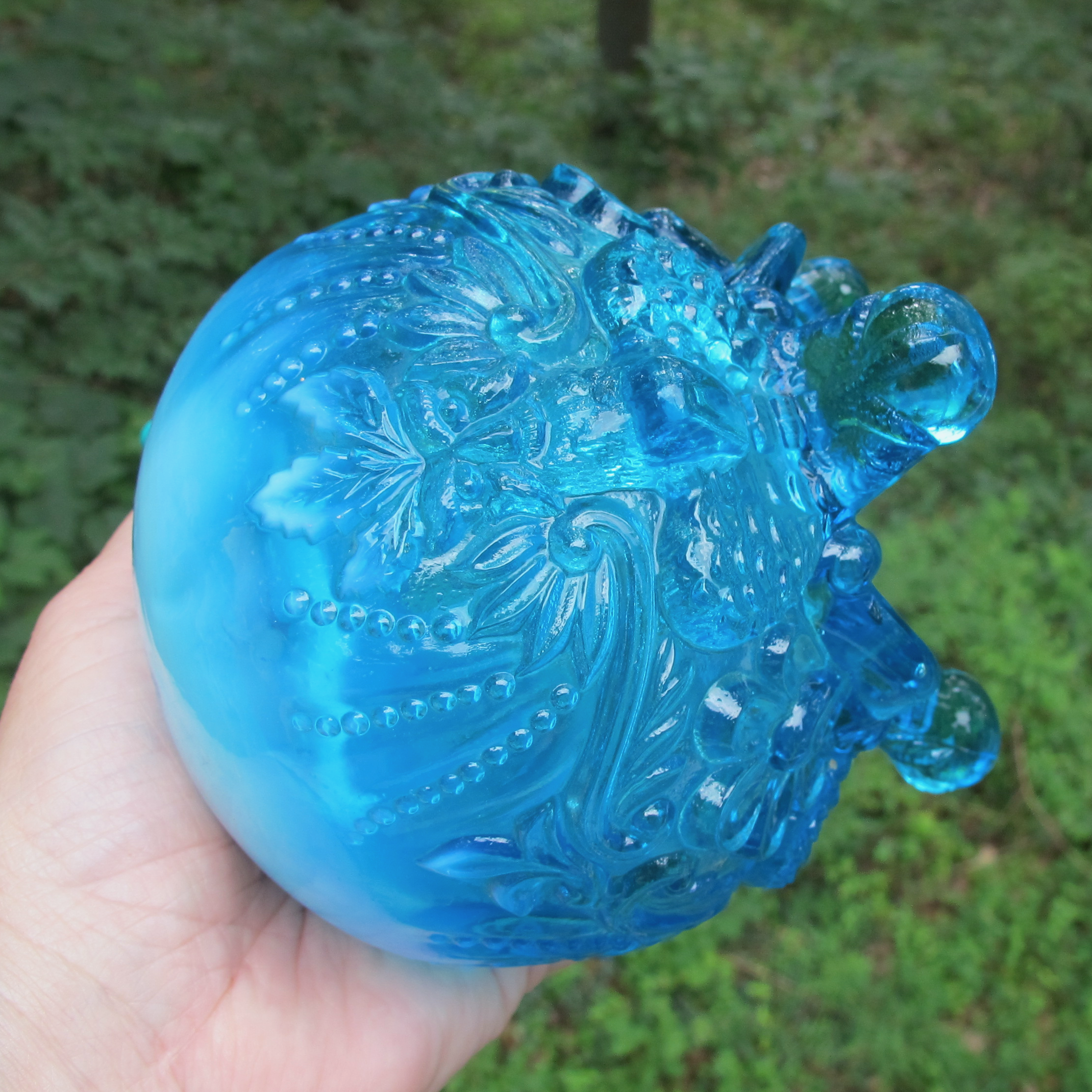 Antique English Sowerby Blue Opal Piasa Bird Opalescent Glass Rose Bowl Antique English Sowerby Blue Opal Piasa Bird Opalescent Glass Rose Bowl