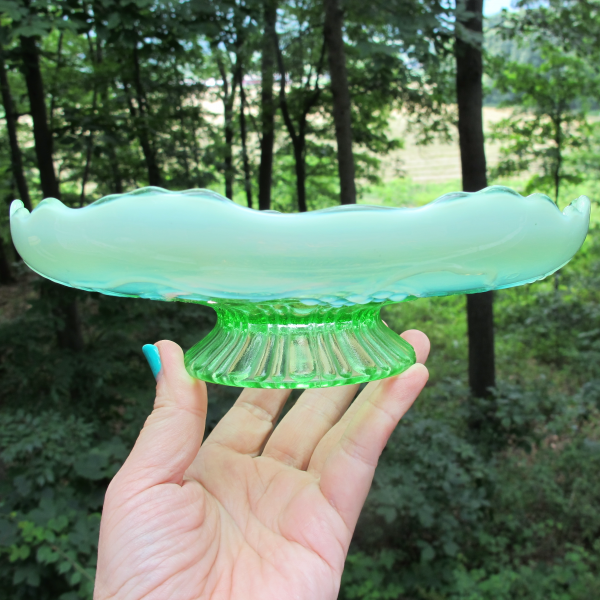 Antique Northwood or Jefferson Vintage Grape Green Opalescent Glass Low Bowl