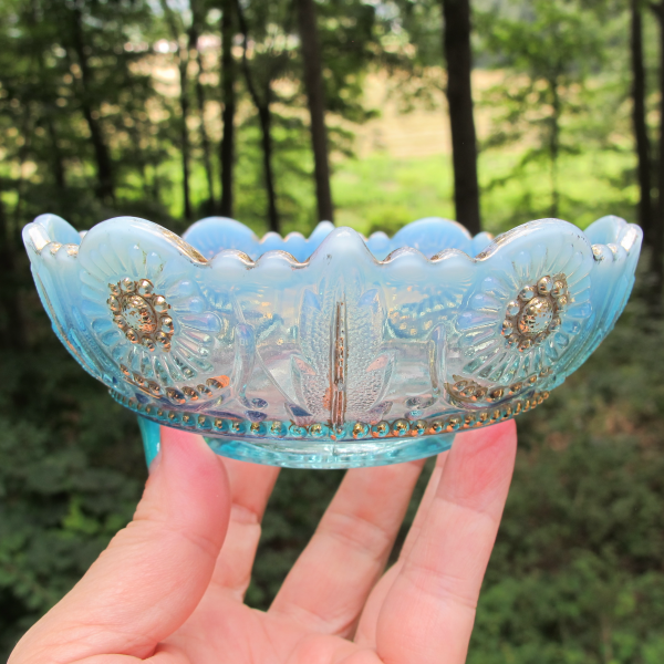 Antique Northwood Jewel & Flower Encore Blue Opalescent Glass Bowl Gold Gilt Cranberry