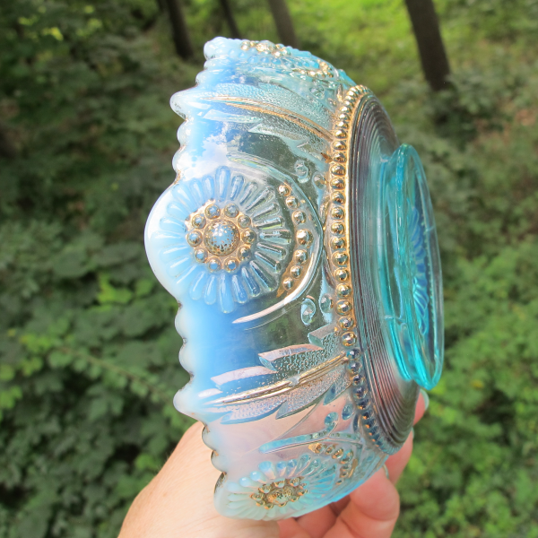 Antique Northwood Jewel & Flower Encore Blue Opalescent Glass Bowl Gold Gilt Cranberry