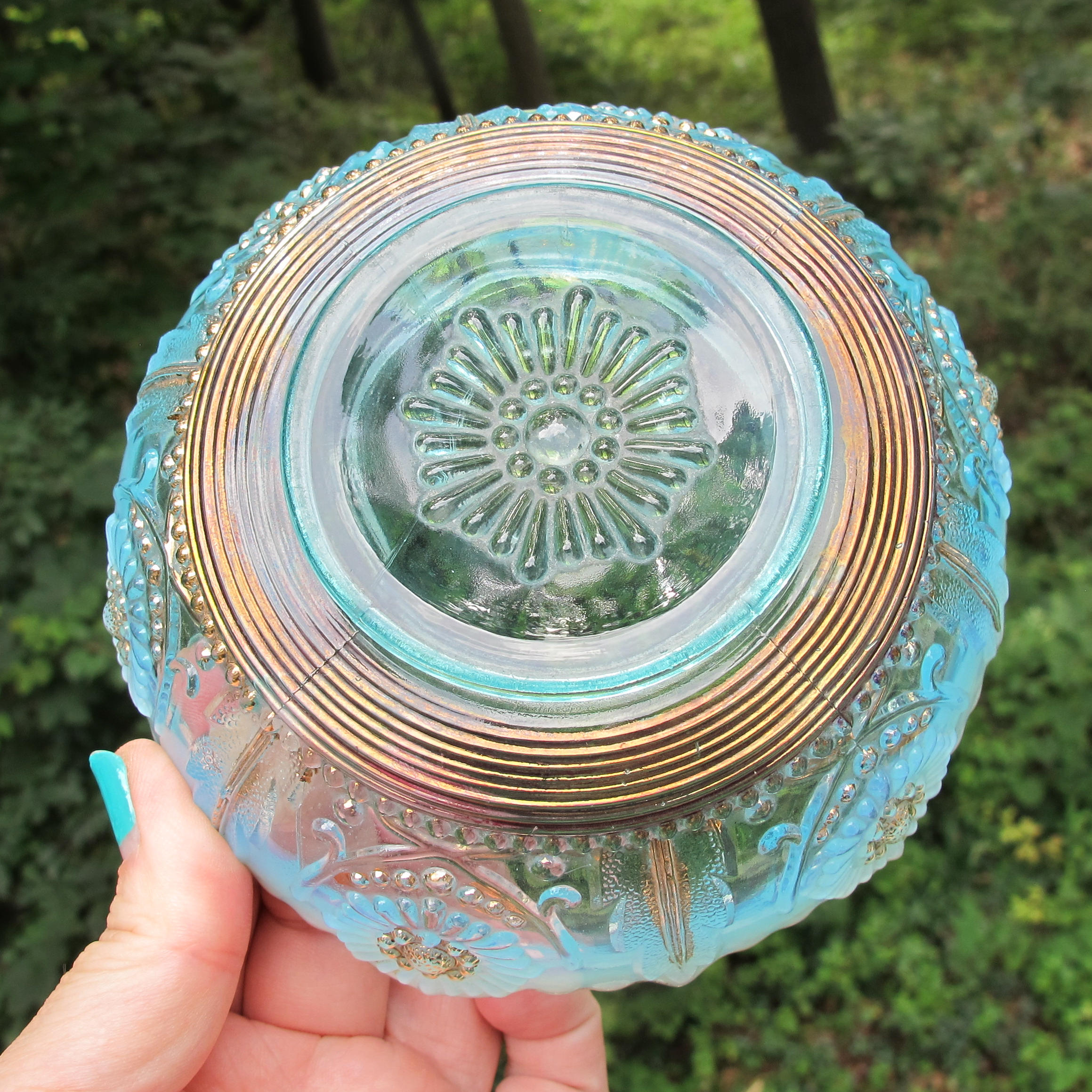 Antique Northwood Jewel & Flower Encore Blue Opalescent Glass Bowl Gold Gilt Cranberry Antique Northwood Jewel & Flower Encore Blue Opalescent Glass Bowl Gold Gilt Cranberry