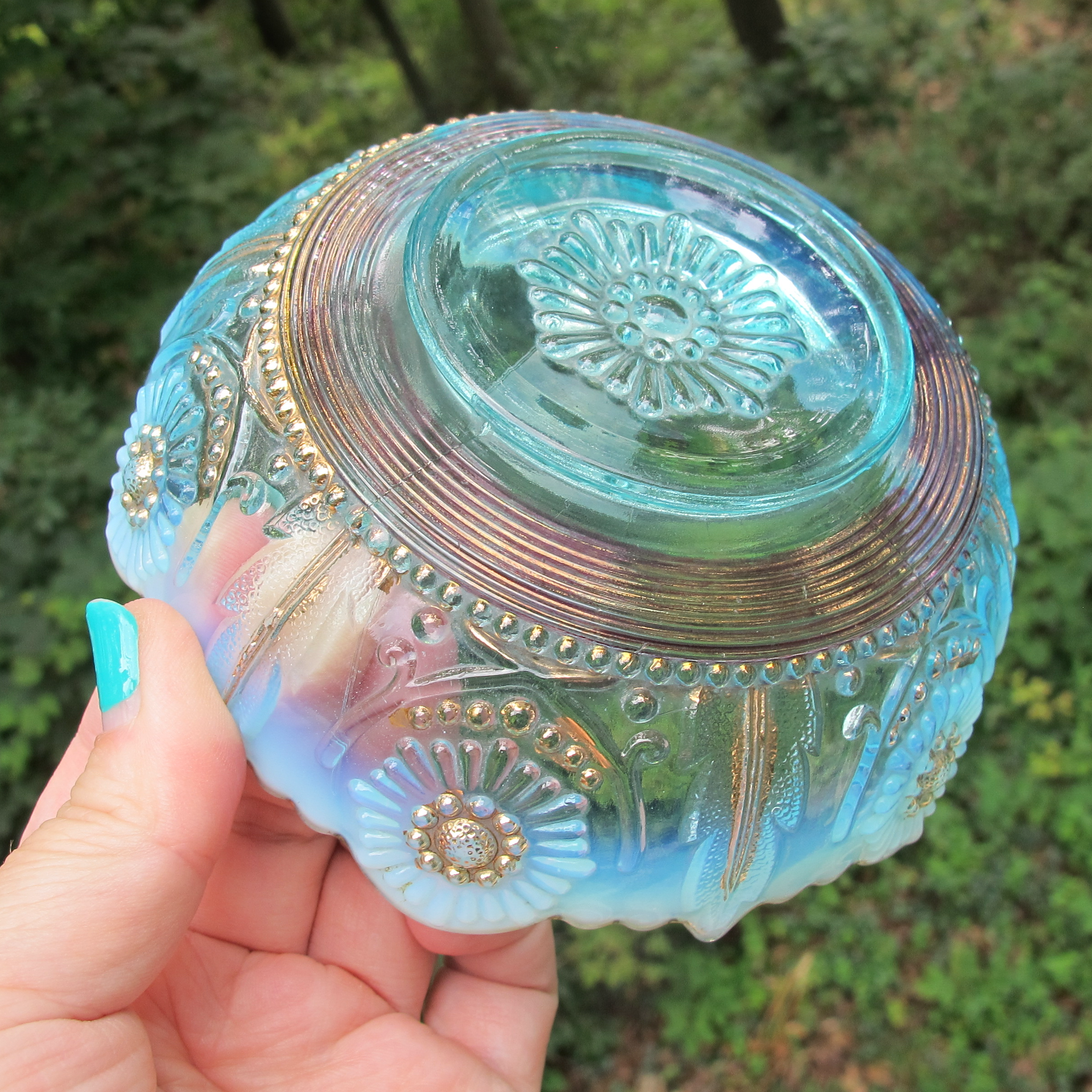 Antique Northwood Jewel & Flower Encore Blue Opalescent Glass Bowl Gold Gilt Cranberry Antique Northwood Jewel & Flower Encore Blue Opalescent Glass Bowl Gold Gilt Cranberry