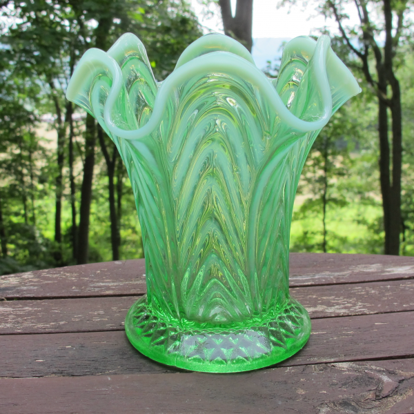 Antique Fenton Boggy Bayou Green Opalescent Glass Squat Vase
