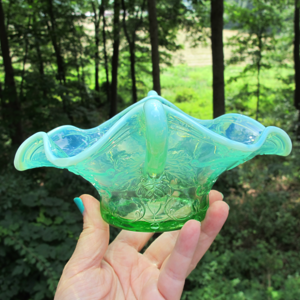 Antique Dugan Diamond Maple Leaf Green Opalescent Glass Bon Bon