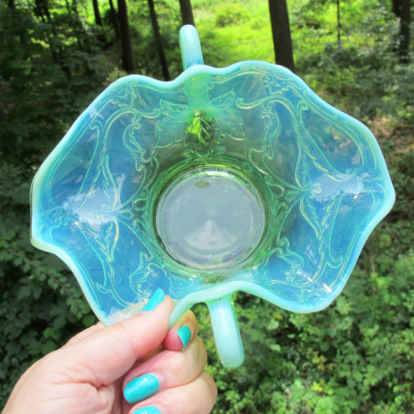 Antique Dugan Diamond Maple Leaf Green Opalescent Glass Bon Bon