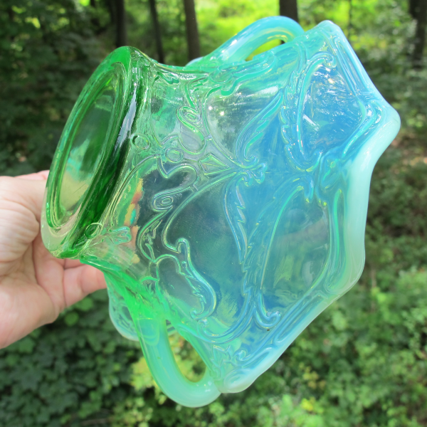 Antique Dugan Diamond Maple Leaf Green Opalescent Glass Bon Bon