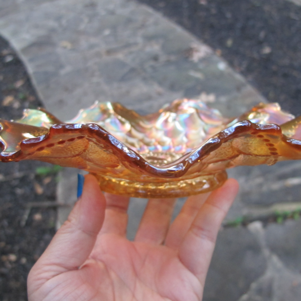 Antique Dugan Fishscale & Beads Marigold Carnival Glass Low Ruffled Bowl