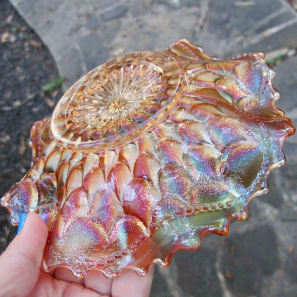 Antique Dugan Fishscale & Beads Marigold Carnival Glass Low Ruffled Bowl