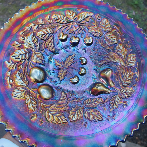 Antique Northwood Three Fruits Blue Carnival Glass Plate Stippled