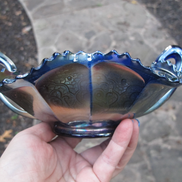 Antique Fenton Persian Medallion Blue Carnival Glass Bon Bon
