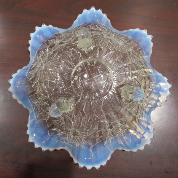 Antique Northwood White Opal Lattice & Poinsettia Opalescent Glass Ruffled Bowl