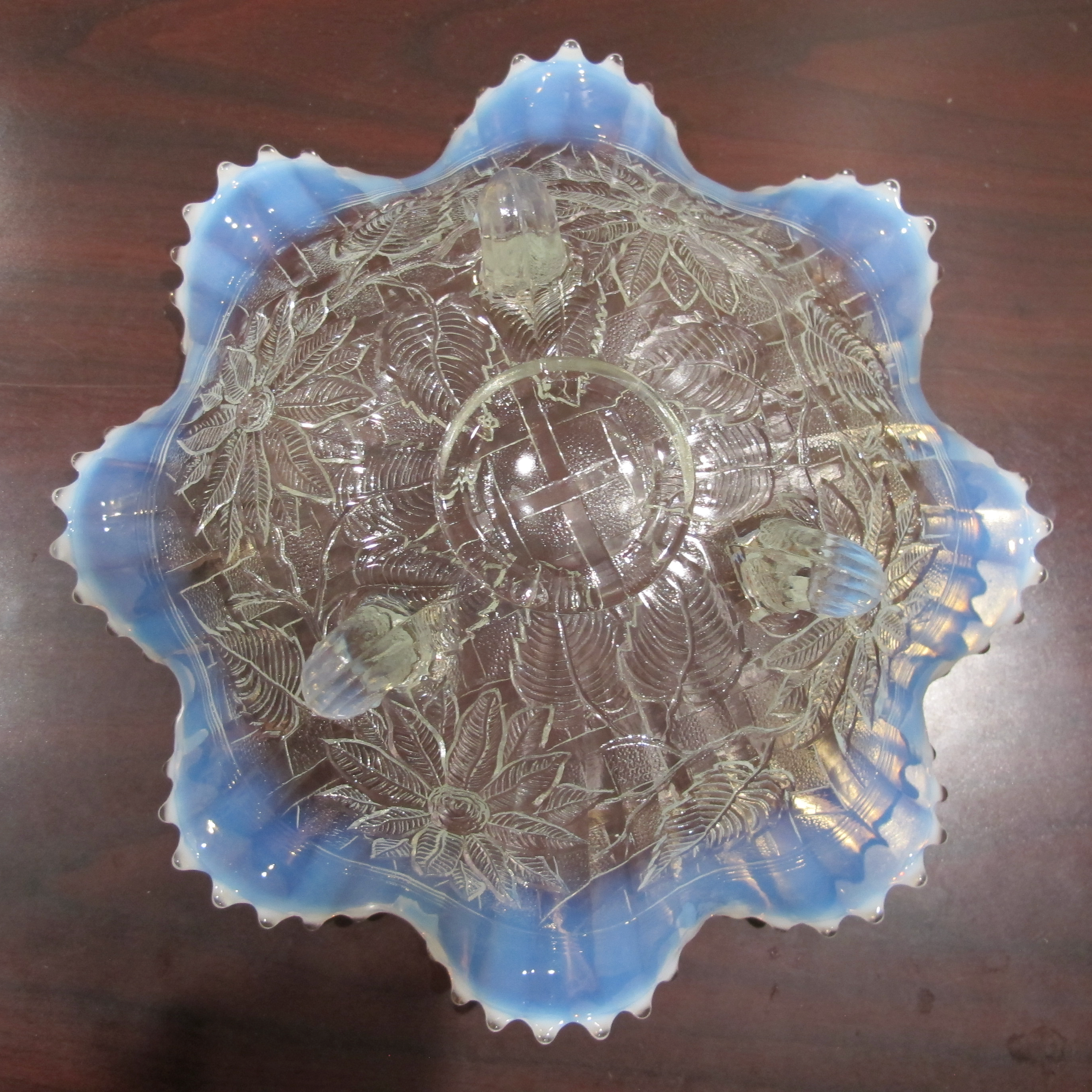 Antique Northwood White Opal Lattice & Poinsettia Opalescent