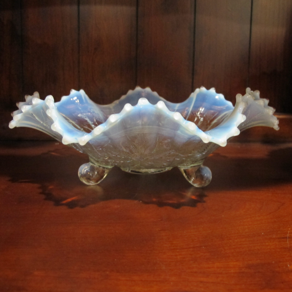 Antique Northwood White Opal Lattice & Poinsettia Opalescent Glass Ruffled Bowl