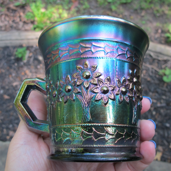 Antique Fenton Sapphire Blue Orange Tree Carnival Glass Mug