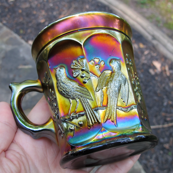 Antique Northwood Singing Birds Slaggy Amethyst Carnival Glass Mug