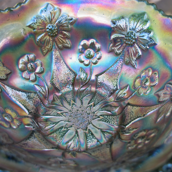 Antique Fenton Little Flowers Green Carnival Glass Berry Bowl
