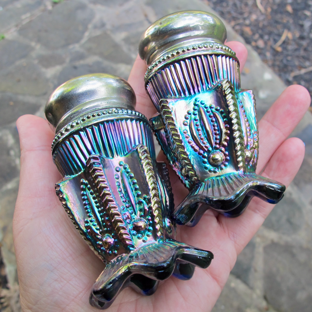 St Clair Cobalt Blue Cactus Carnival Glass Salt & Pepper Shakers (2