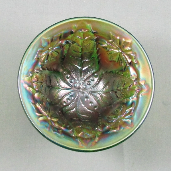 Antique Millersburg Leaf & Little Flowers Green Carnival Glass Round Compote