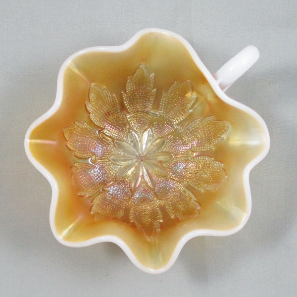 Antique Dugan Leaf Rays Peach Opal Carnival Glass 7-ruffle Nappy