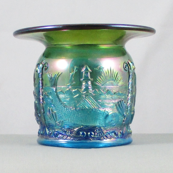 Fenton Sapphire Blue with Green Seacoast Carnival Glass Spittoon Limited Edition for ACGA