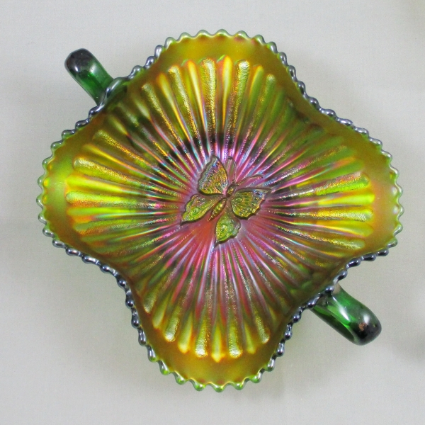 Antique Northwood Butterfly Green Carnival Glass Bon Bon