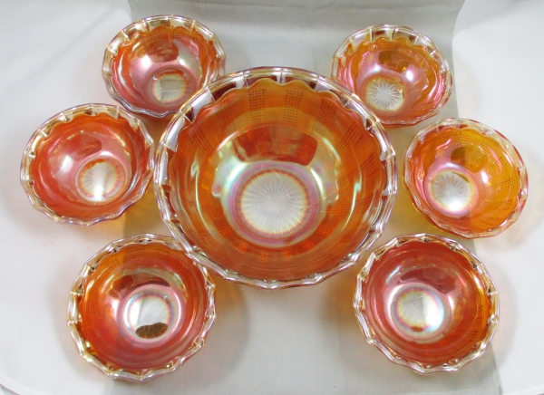 Antique Jeannette Diamond Point Columns Marigold Carnival Glass Berry Set