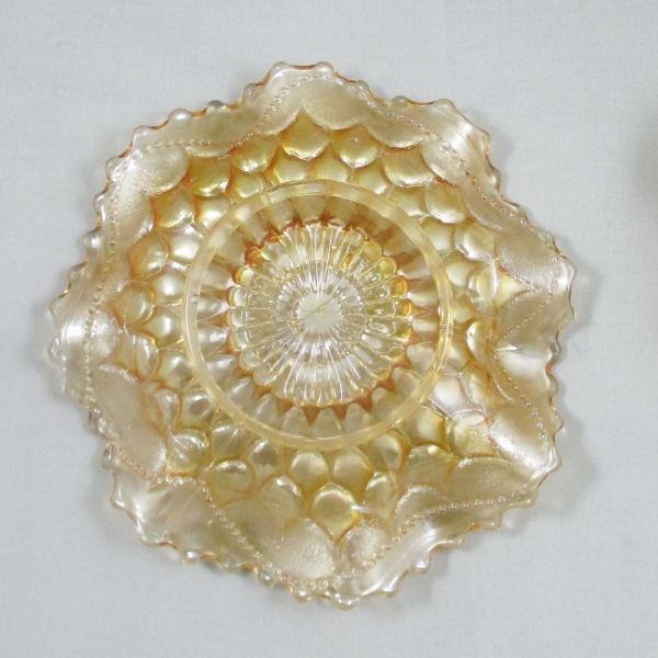 Antique Dugan Fishscale & Beads Clambroth Carnival Glass Low Ruffled Bowl