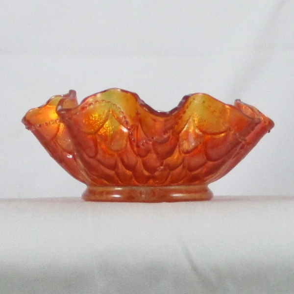 Antique Dugan Fishscale & Beads Marigold Carnival Glass Ruffled Bowl