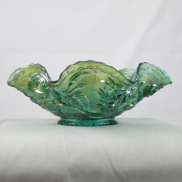 Antique Imperial Open Rose Teal Carnival Glass Ruffled Bowl