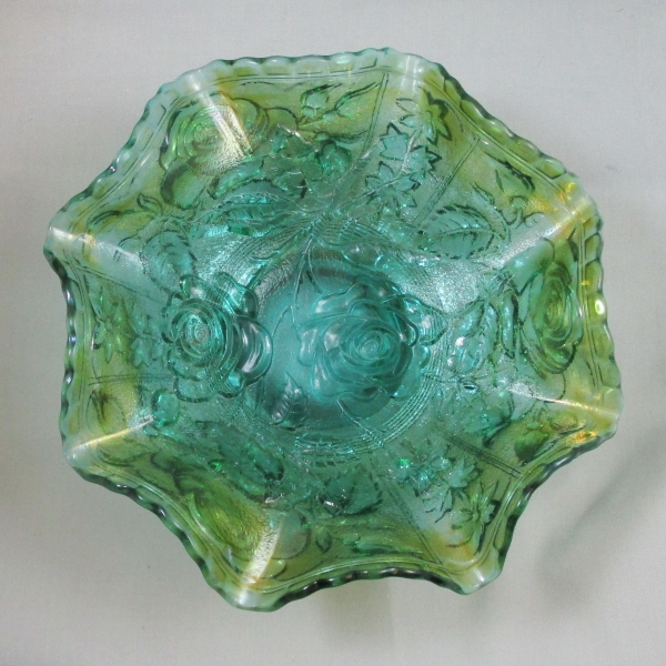 Antique Imperial Open Rose Teal Carnival Glass Ruffled Bowl