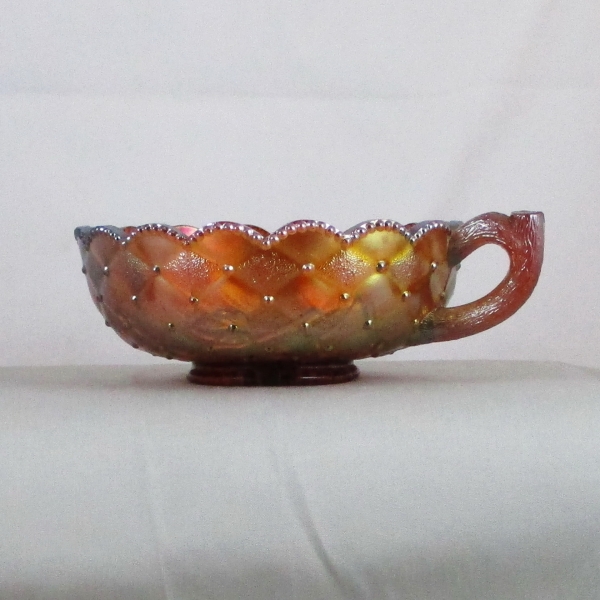 Antique Imperial Pansy Amber Carnival Glass Handled Nappy