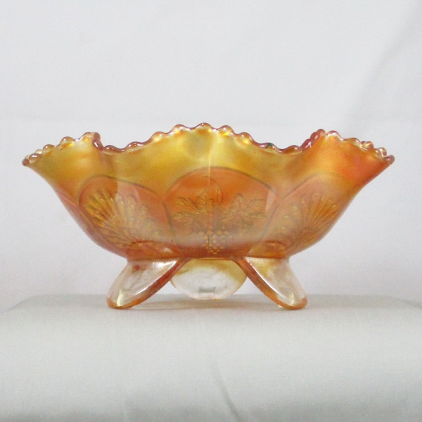 Antique Fenton Marigold Peacock and Grape Carnival Glass Ruffled Bowl