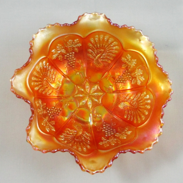 Antique Fenton Marigold Peacock and Grape Carnival Glass Ruffled Bowl