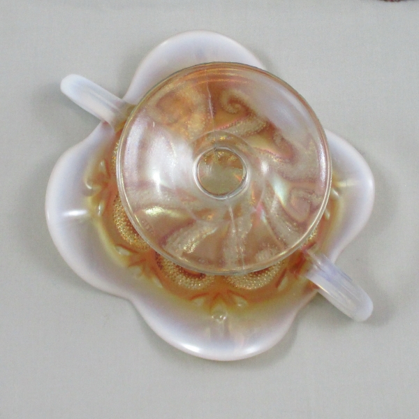 Antique Dugan Question Marks Peach Opal Carnival Glass Handled Bon Bon